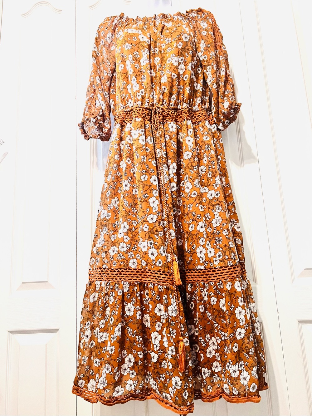 Bohemian Floral Midi Dress in Burnt Orange